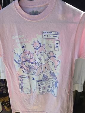 Girls' Light Pink Graphic Tee with Shiba Inu Gaming Illustration